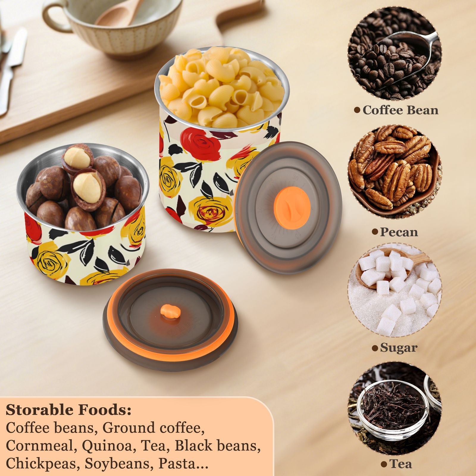 Yellow & Red Rose Flowers Airtight Coffee Bean Canister 30oz Food Storage Containers with Lids For Gournd, Tea, Sugar, Flour, Rice, Cereal, Candy Cookie Jar