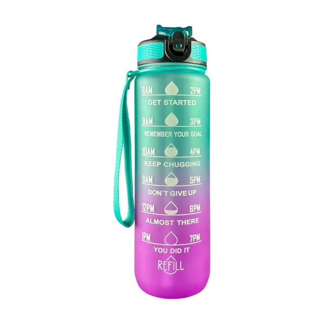 Botella de agua verde de 1 litro con marcador de tiempo sin BPA y correa