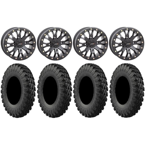 System 3 SB-4 Black (4 3) 15" Wheels 28" MotoRally Tires Kawasaki Mule Pro FXT