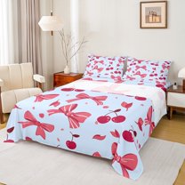 Homewish Cartoon Cherry Fruit Full Size Sheets for Kids, Blue Red Bowknot Bed Sheets, Kawaii Flower Floral Sheet Sets, Ultra Soft Bedroom Decor, 4pcs