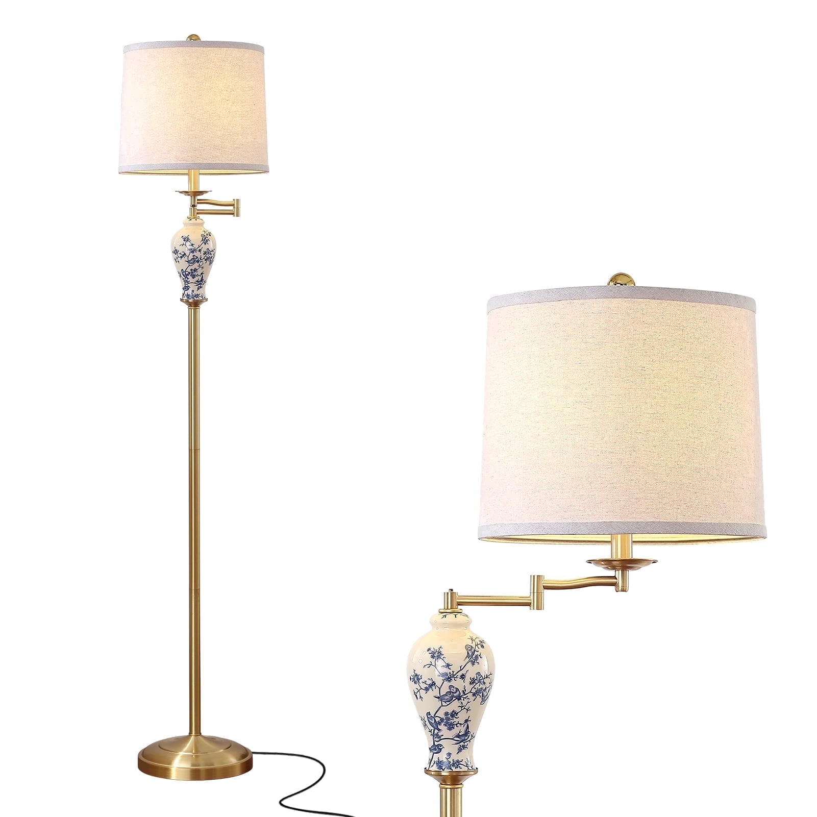 JUJUYUYOP 63" Floor lamp for the living room, with a 355° adjustable swivel arm and a linen shade; suitable for bedrooms, offices, and home offices (bulb included)