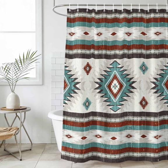 Turquoise Red Boho Waterproof Fabric Shower Curtain,Southwestern Ethnic Aztec Retro Geometric Waterproof Fabric Shower Curtain for Bathroom Bathtubs Shower Curtains with 12 Hooks Standard 66x72