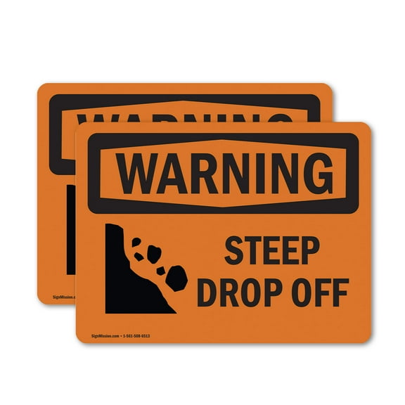 (2 Pack) Steep Drop Off With Symbol OSHA Warning Sign 18 Inch X 12 Inch Vinyl Label Decal Sticker Weather Resistant, UV Protected for Workplace, Business, and Construction Site, Made in