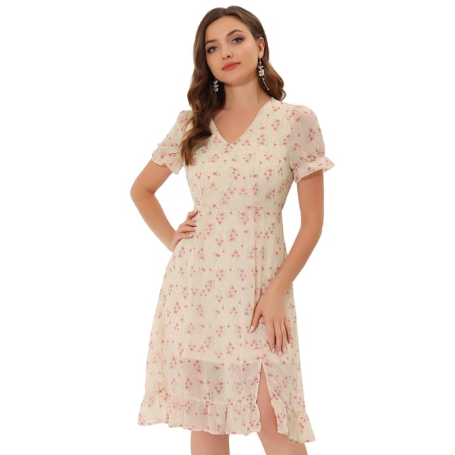 INSPIRE CHIC Robe Midi Vintage à Fleurs en Chiffon Col en V à Volants pour Femmes Rose Clair m