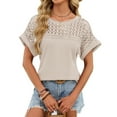 thumbnail image 2 of ManxiVoo Women Lace Trim Tee Round Neck Short Sleeve Blouse in A Relaxed Fit for Casual Outings L Size Beige, 2 of 7
