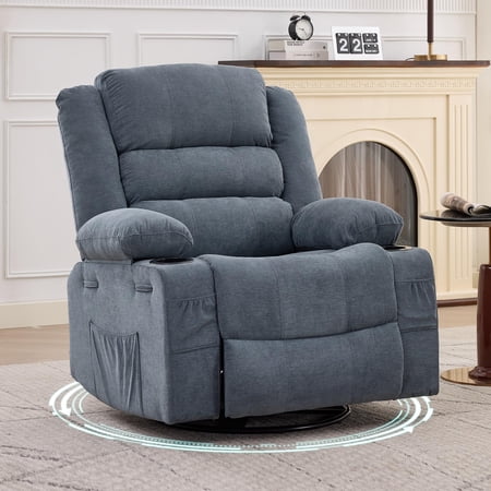 Rocking Recliner Chair for Adults Wide 360° Swivel Rocker Recliner with Cup Holder Nursery Glider with Upholstered Deep Seat Linen Lazy boy chair for Living Room Blue