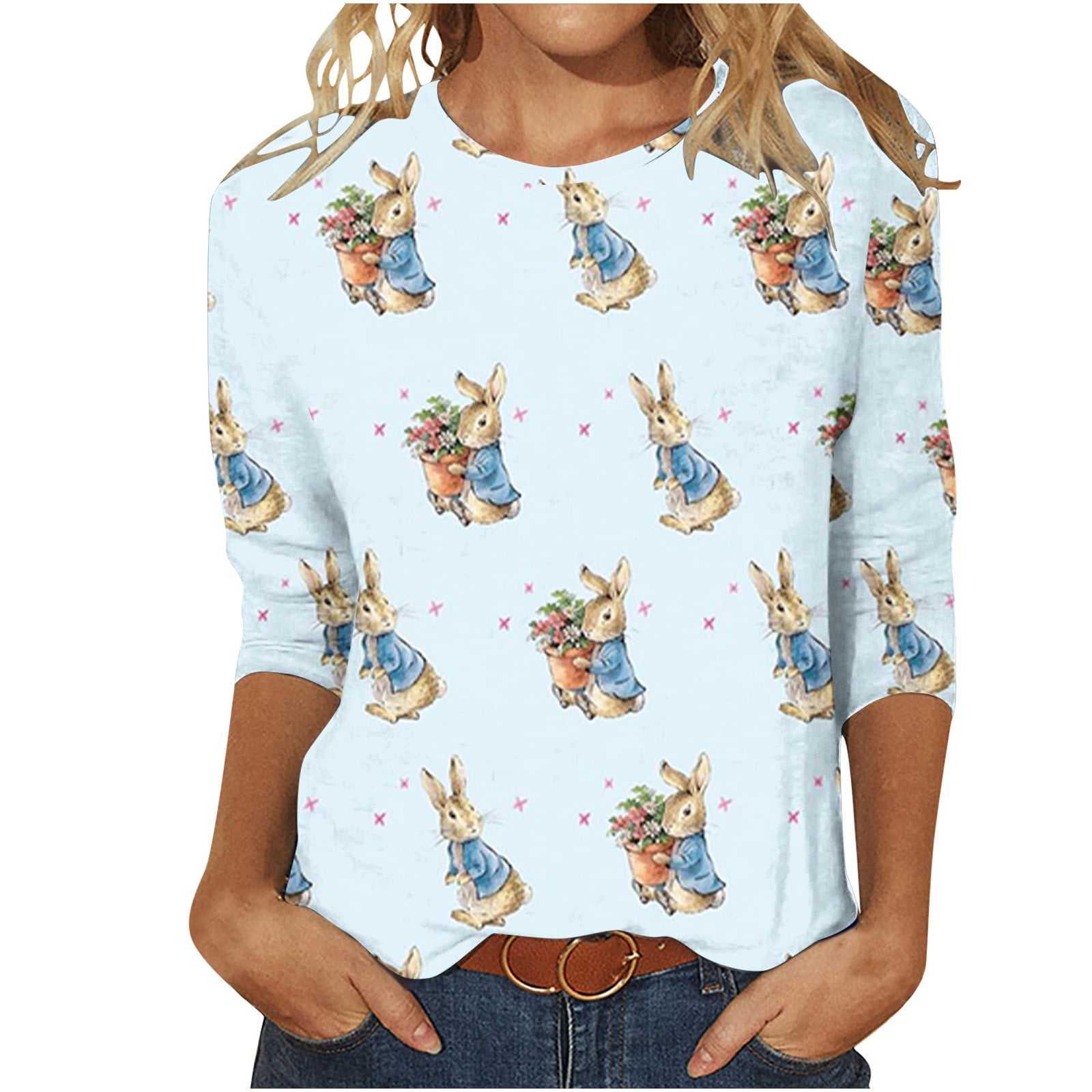 Sodopo Women's Easter 3/4 Sleeve Tops Cute Easter Bunny Graphic Tees