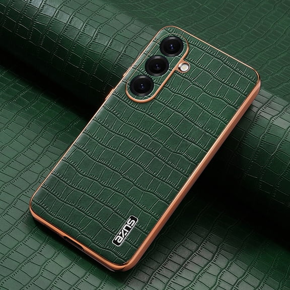 Decase for Samsung Galaxy S26 Crocodile Texture PU Leather Phone Case,Shockproof Slim Cover,Electroplated Metal Edge Anti-Scratch Protective Case,Green