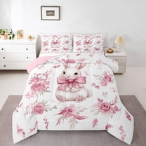 Homewish Lovely Bowtie Rabbit Bedding Comforter Set,Cute Bowtie Ribbon Twin Comforter Sets,Pink Flower Floral Bedding Set For Girl,Ultra Soft Home Decor Reversible,2pcs