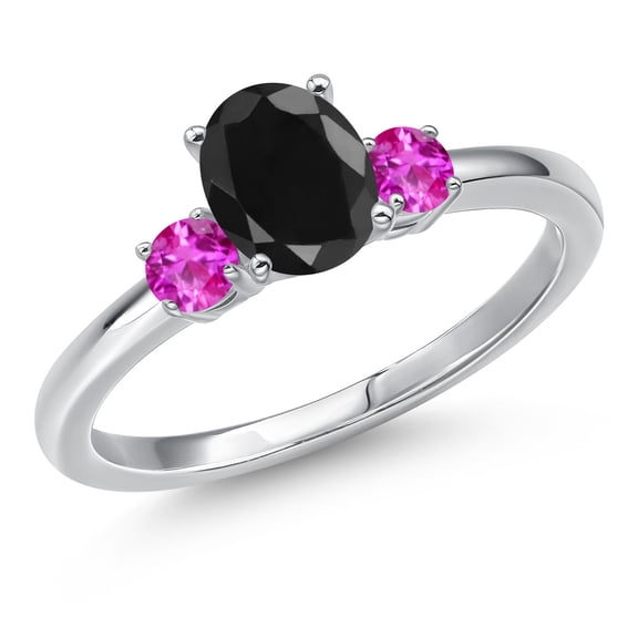 Gem Stone King 14K White Gold Black Sapphire and Pink Sapphire Engagement Ring for Women | 1.37 Cttw | Oval 7X5MM | Gemstone September Birthstone | Size 5