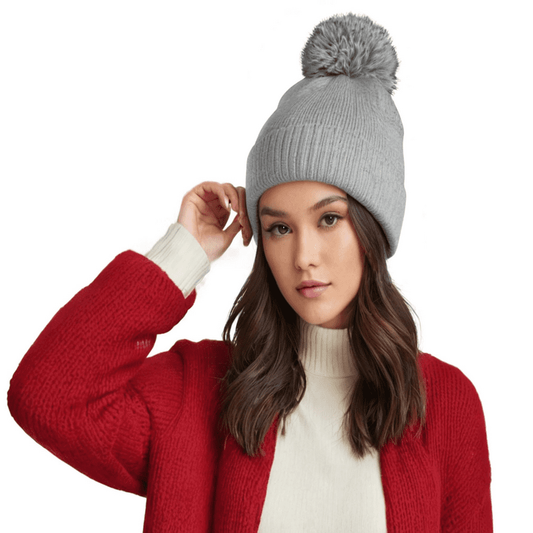 Unisex Knit Beanie Hat with Cuffed Brim & Pom Acrylic Winter Gray Acrylic Knit w Bright Yellow Large Puff Ball Pom Pom  main image 2