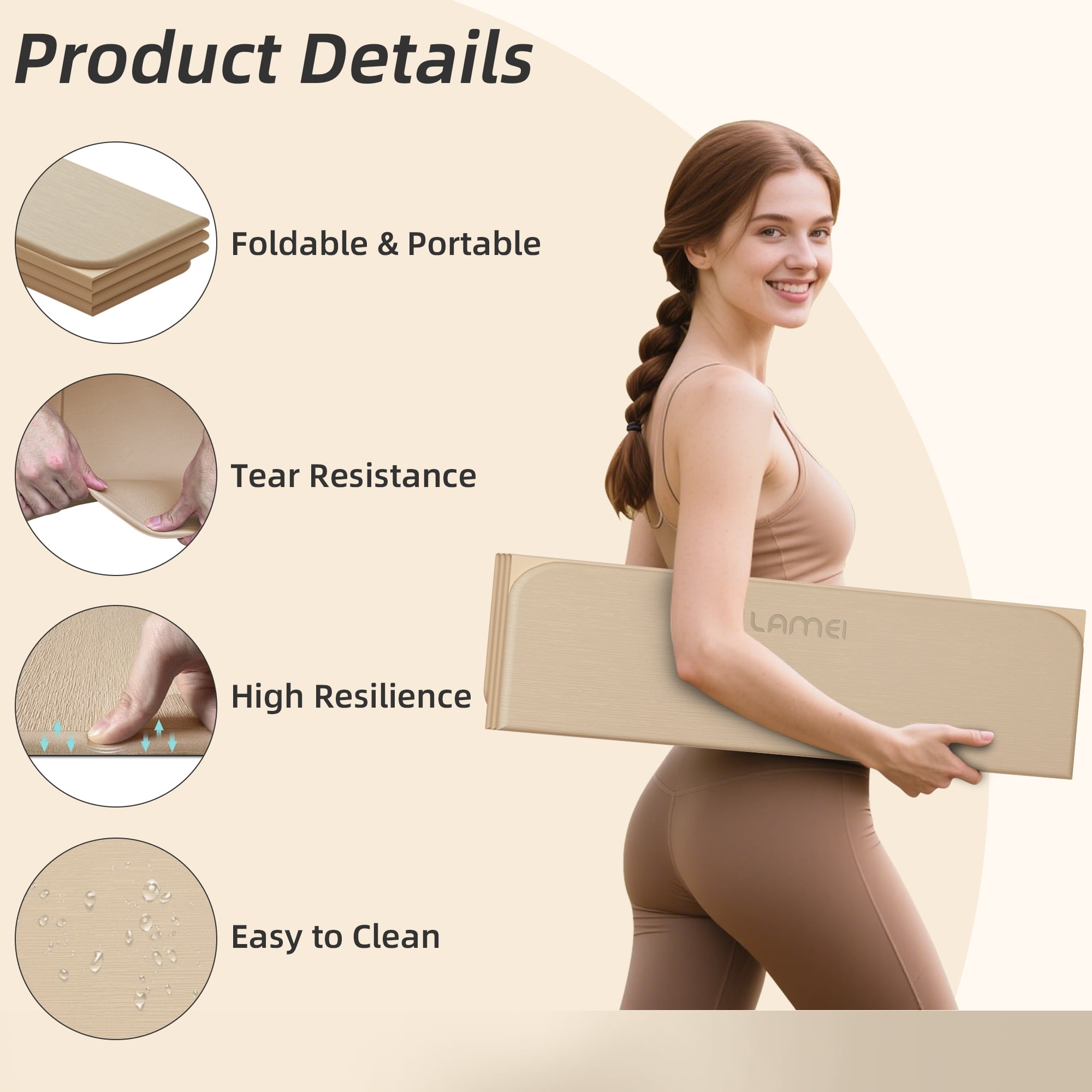 Lamei Foldable Yoga Mat, 31" Extra Wide Non-Slip Exercise Mats for Home Workout, 75" Long, 8mm Thick,Lightweight Travel, Quick Unfold/Fold, Flat Lay No Curl(Beige)