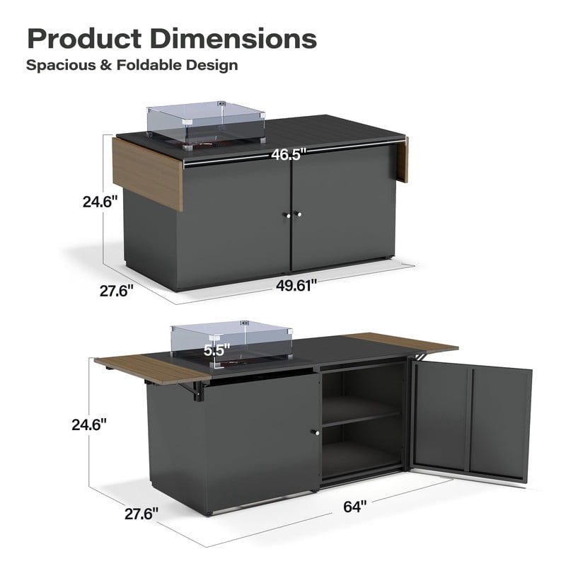 Orithm 64" Fire Pit Table Propane Foldable 55,000 BTU CSA Certified , Wood Grain Top, Amber Glass Beads, for Outdoor Patio