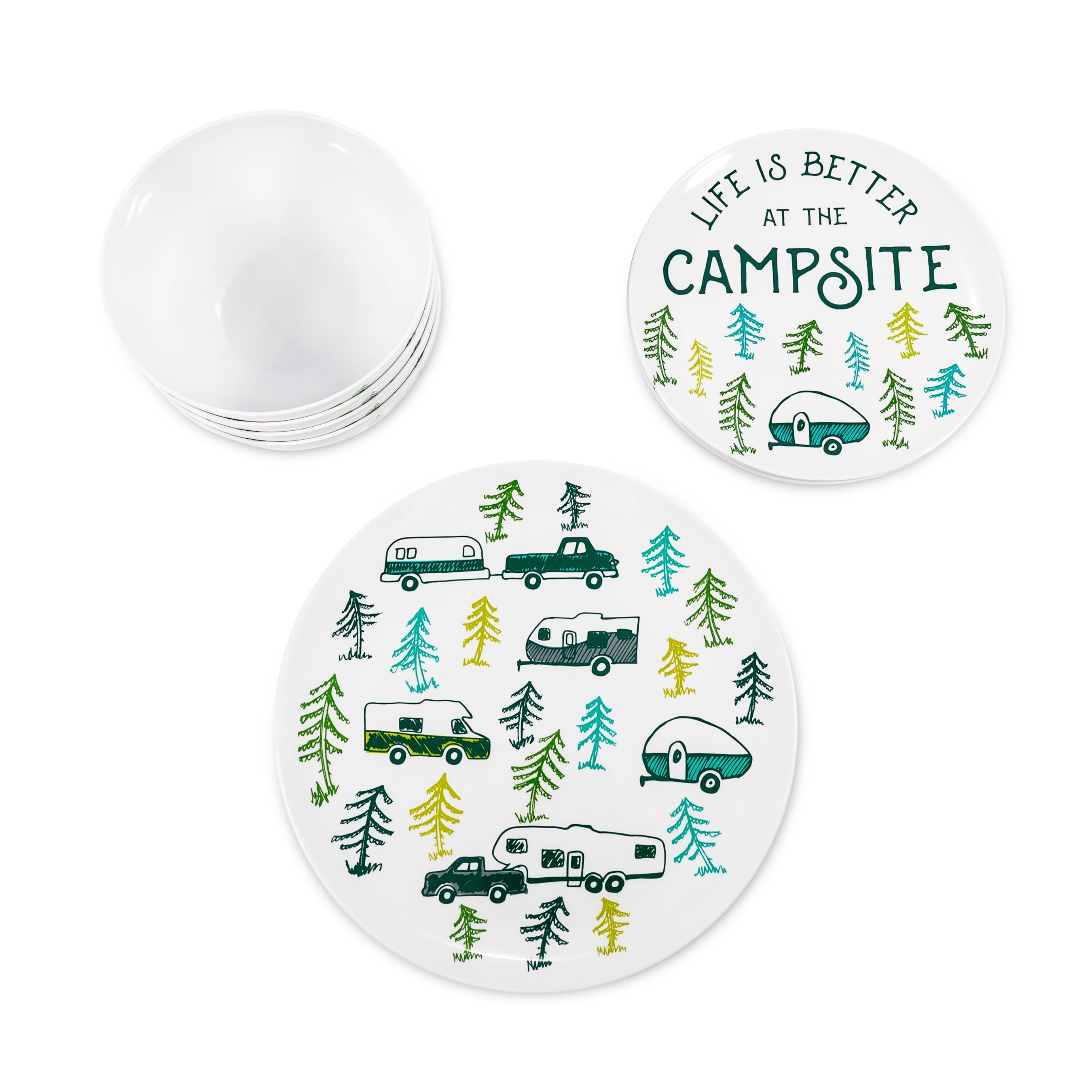 Camco 53315 Life is Better at the Campsite 12-Piece Dishware Set, RV Sketch Pattern