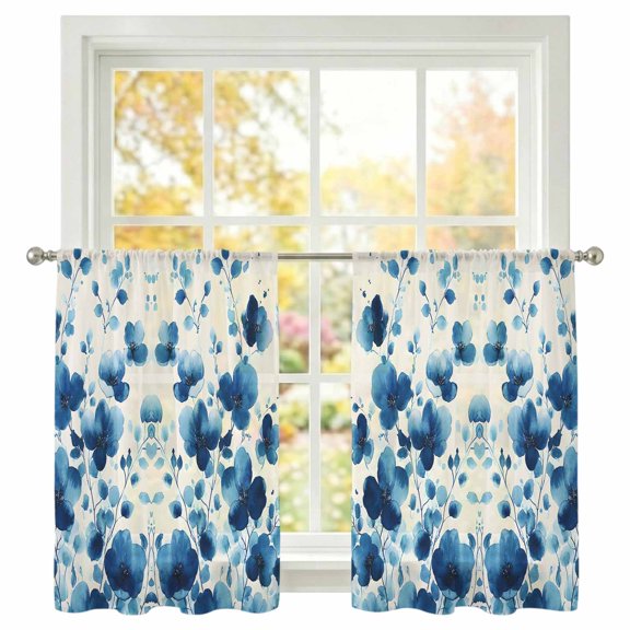 Spring Floral Sheer Curtains 45 inches Long, Vintage Watercolor Blue Flower Linen Texture Rustic Light Filtering Sheer Window Curtains Rod Pocket Voile Drapes for Bedroom Living Room, 2 Panels
