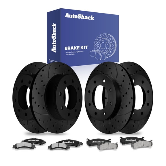 AutoShack Front & Rear Brake Rotors & Ceramic Pads for Chevrolet, Silverado 1500 2003-2005, 4WD AWD RWD V6 4.3L V8 4.8L 5.3L 6.0L - E-Coated Drilled & Slotted - Black Finish - NightGuard