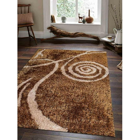 Hand Tufted Beige Polyester Rugsotic Carpets Hand Tufted Shag Polyester 10'x14' Area Rug Contemporary Brown Beige K00010 ()