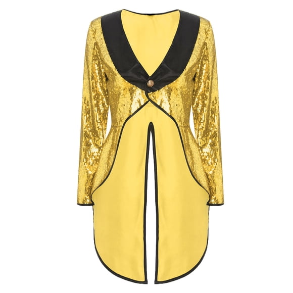 iiniim Women's Circus Ringmaster Costumes Sparkle Sequin One-Button Magician Dress Tailcoat Jacket GoldA L