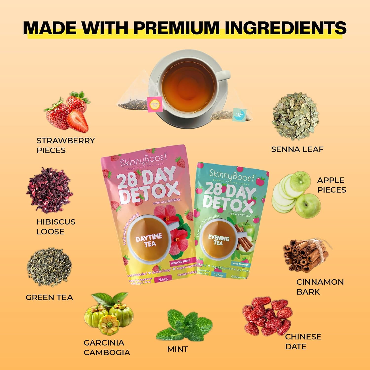 SkinnyBoost 28 Day Detox Tea Kit-1 Daytime Hibiscus (28 Bags) 1 Evening Apple Cinnamon(14 Bags) Non GMO, Vegan, All Natural, Green Tea and Herbal Teas for Natural Detox and Cleanse, Reduce Bloating