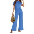 thumbnail image 2 of LANGWYQU Women 2 Pieces Knit Sets Short Sleeve Mock Neck Tops & Wide Leg Pants Suit, 2 of 5