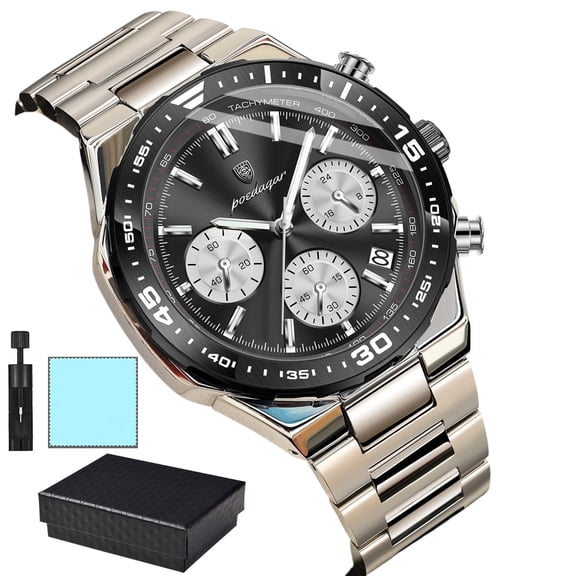 POEDAGAR Luxury Mens Stainless Steel Wrist Watch Luminous Chronograph Calendar Sport Waterproof Quartz Watch For Daily Wear