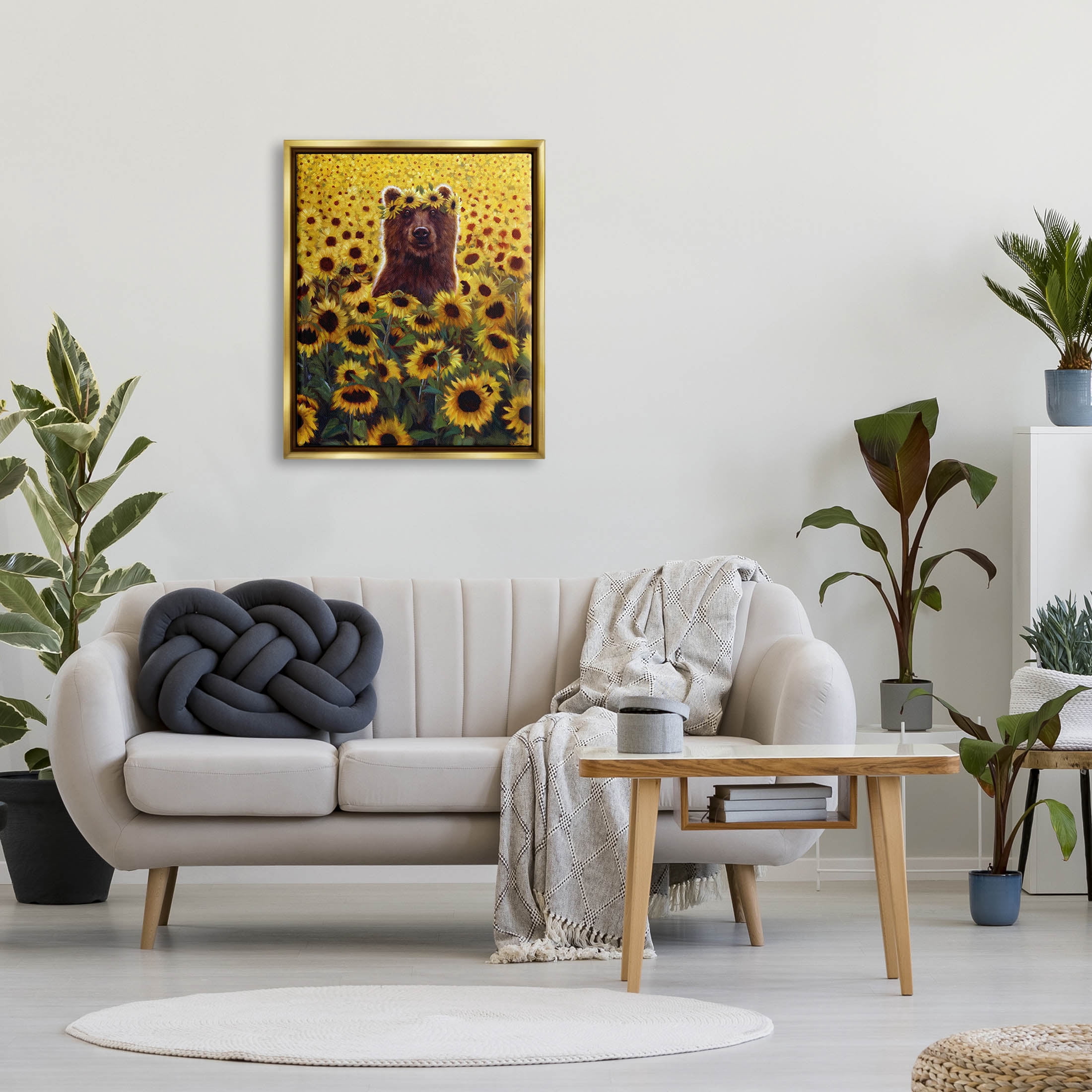 Happy Bear Sunflower Field Animals & Insects Painting Metallic Gold Framed Art Print Wall Art