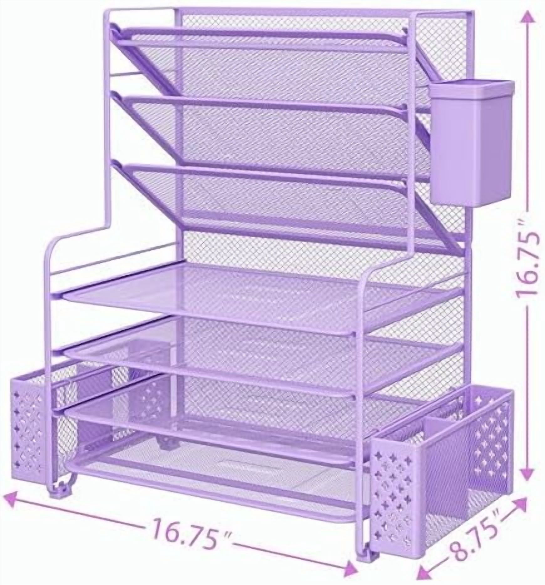 7 Tier Desk File Organizer, Letter Tray Paper Organizer with Pen Holder and Metal Hanging Basket, Purple