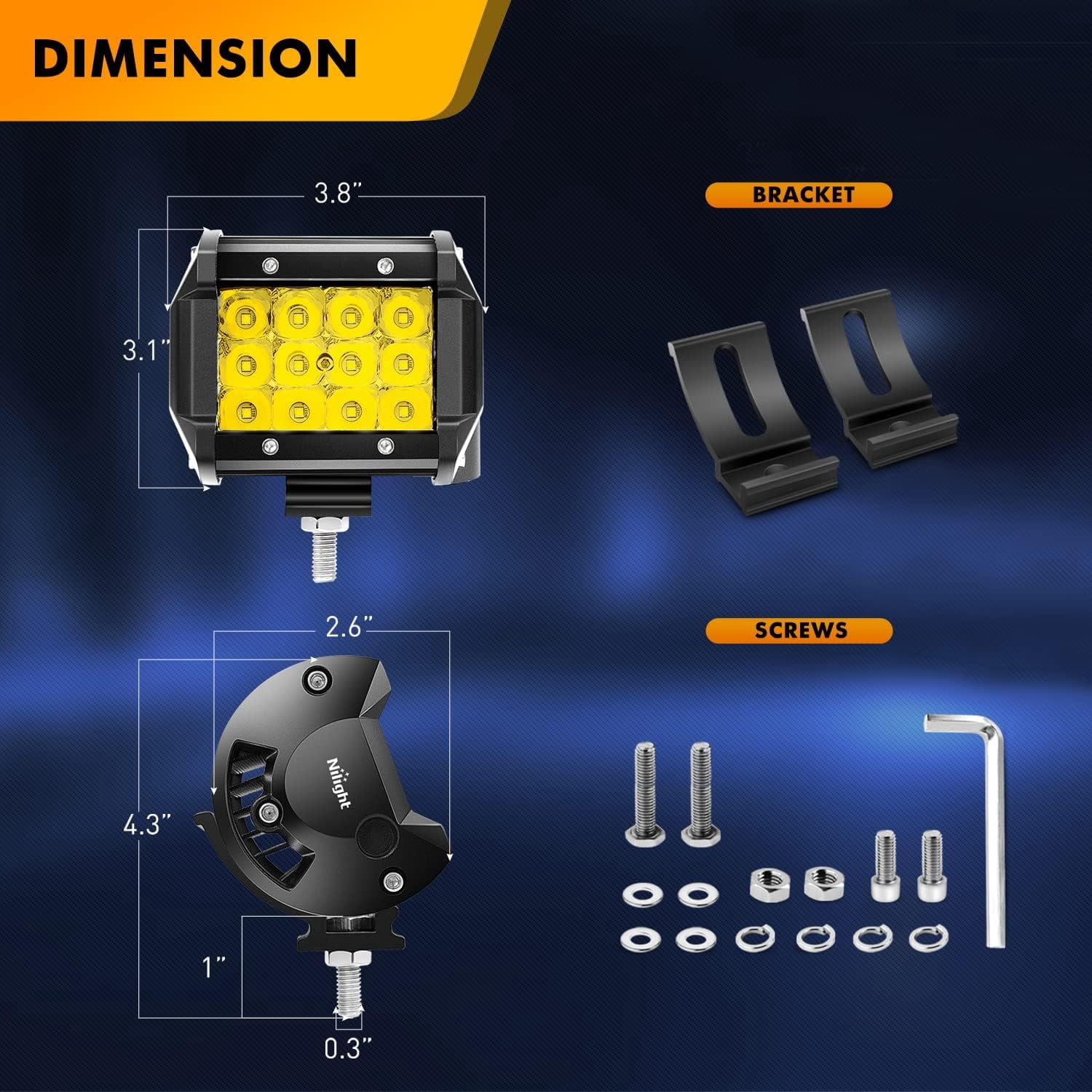 Waywe 2PCS 4" Amber LED Pods 36W Triple Row Flood Light Bar Fog Light 3600LM Driving Lighting with 16AWG Off Road Wiring Harness-2 Leads for Truck Golf Cart SUV ATV UTV Boat, Clear,Yellow (Auto-650)