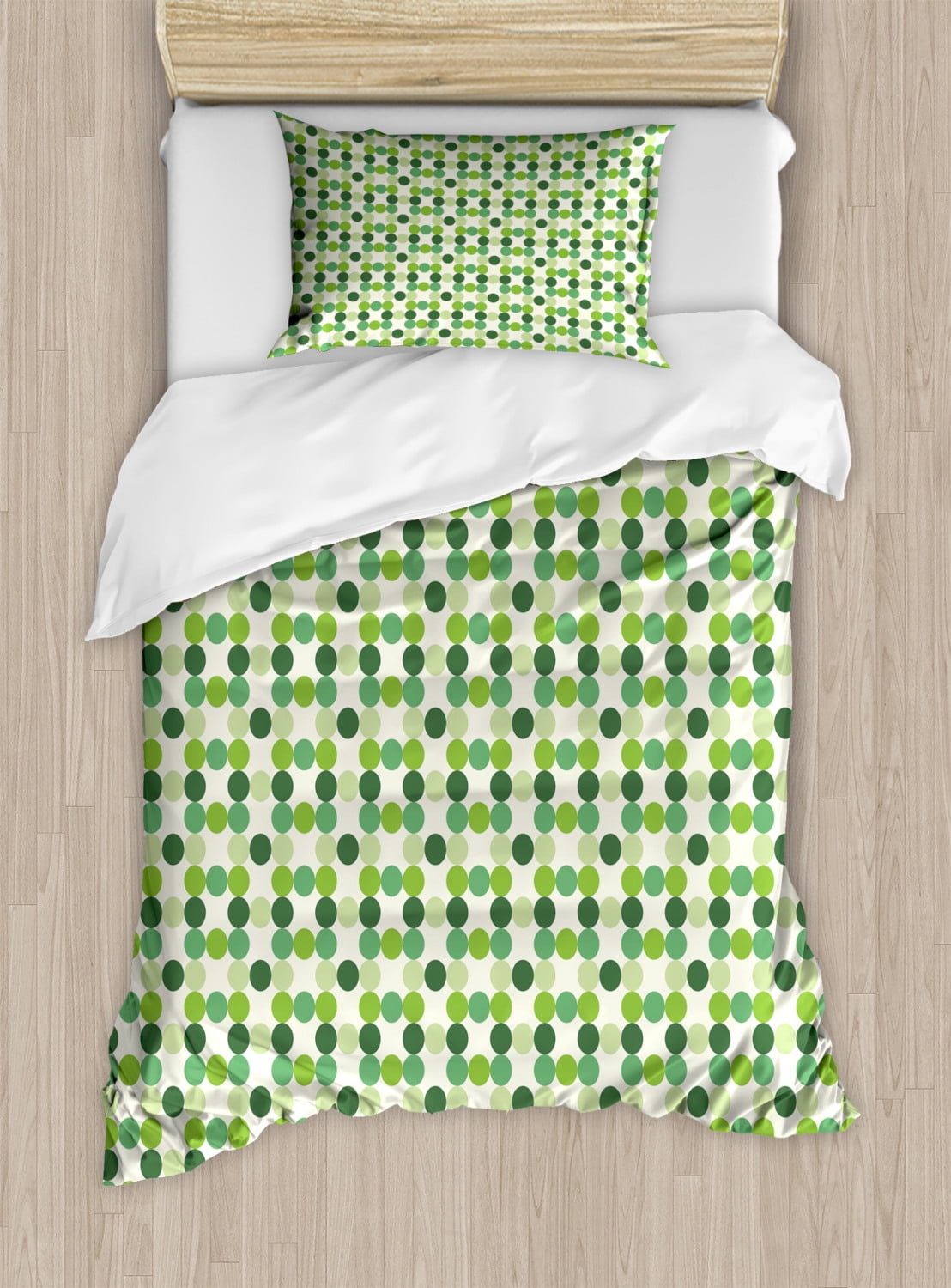 Green Duvet Cover Set Twin Size, Circles of Various Tones Shades and