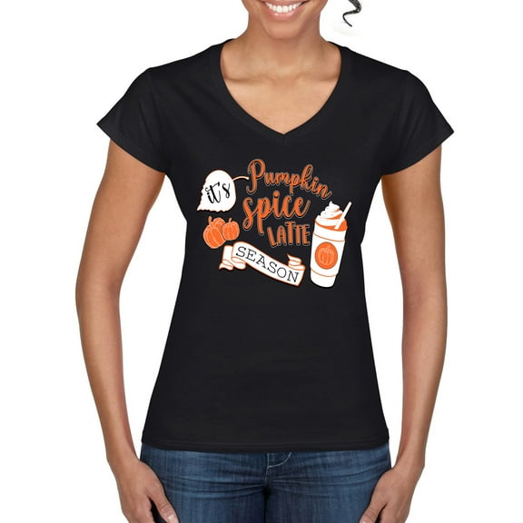 Wild Bobby It's Pumpkin Spice Latte Season Orange Black and White Halloween Women Standard V-Neck Tee, Black, Small