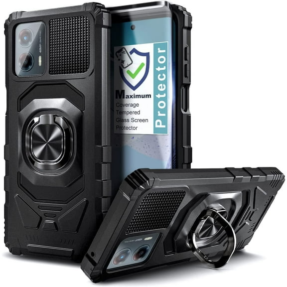 Nagebee Phone Case Compatible for Motorola Moto G 5G (2023) with Tempered Glass Screen Protector (Full Coverage), Full-Body Protective [Military-Grade] Magnetic Car Mount Ring Holder Durable (Black)