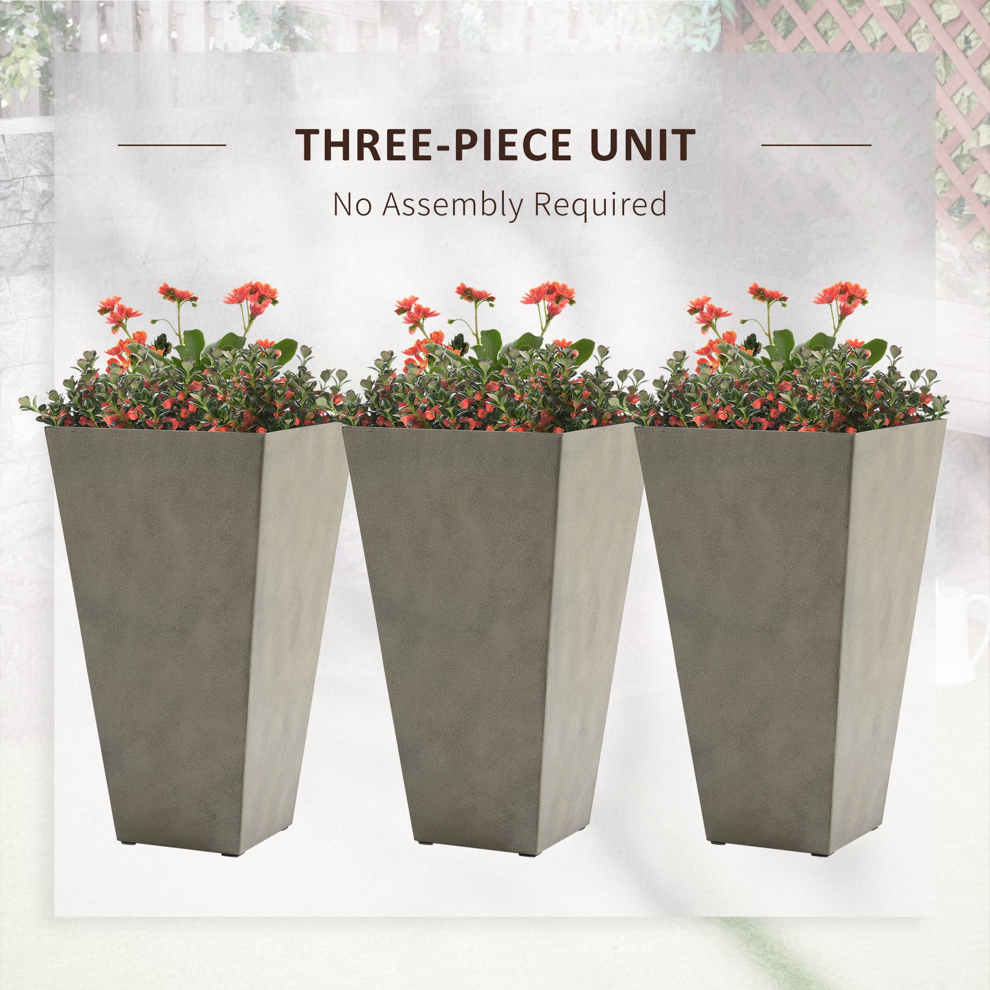 Outsunny Set of 3 Tall Planters with Drainage Hole, 28" Outdoor Flower Plant Pots, Indoor Planters for Porch Patio and Deck, Gray