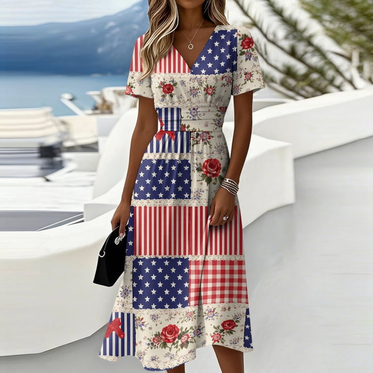 Elowen American 250th Anniversary Dresses For Women V-neck Short-sleeved  Fit & Flare Elegant Summer Empire Dress Beige S - Walmart.com