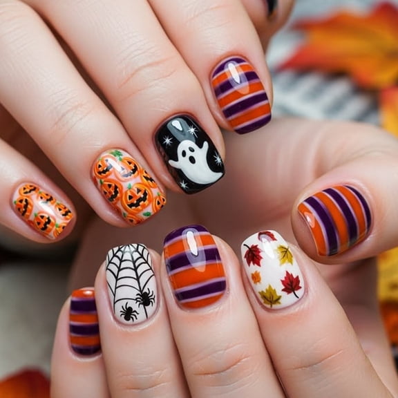 Short Halloween Press on Nails Short 24Pcs, Colorful Striped Pumpkin Head Web Maple Leaf Spooky Fake Nails Set, Reusable False Nails for Party Holiday Daily Wear Women Girls