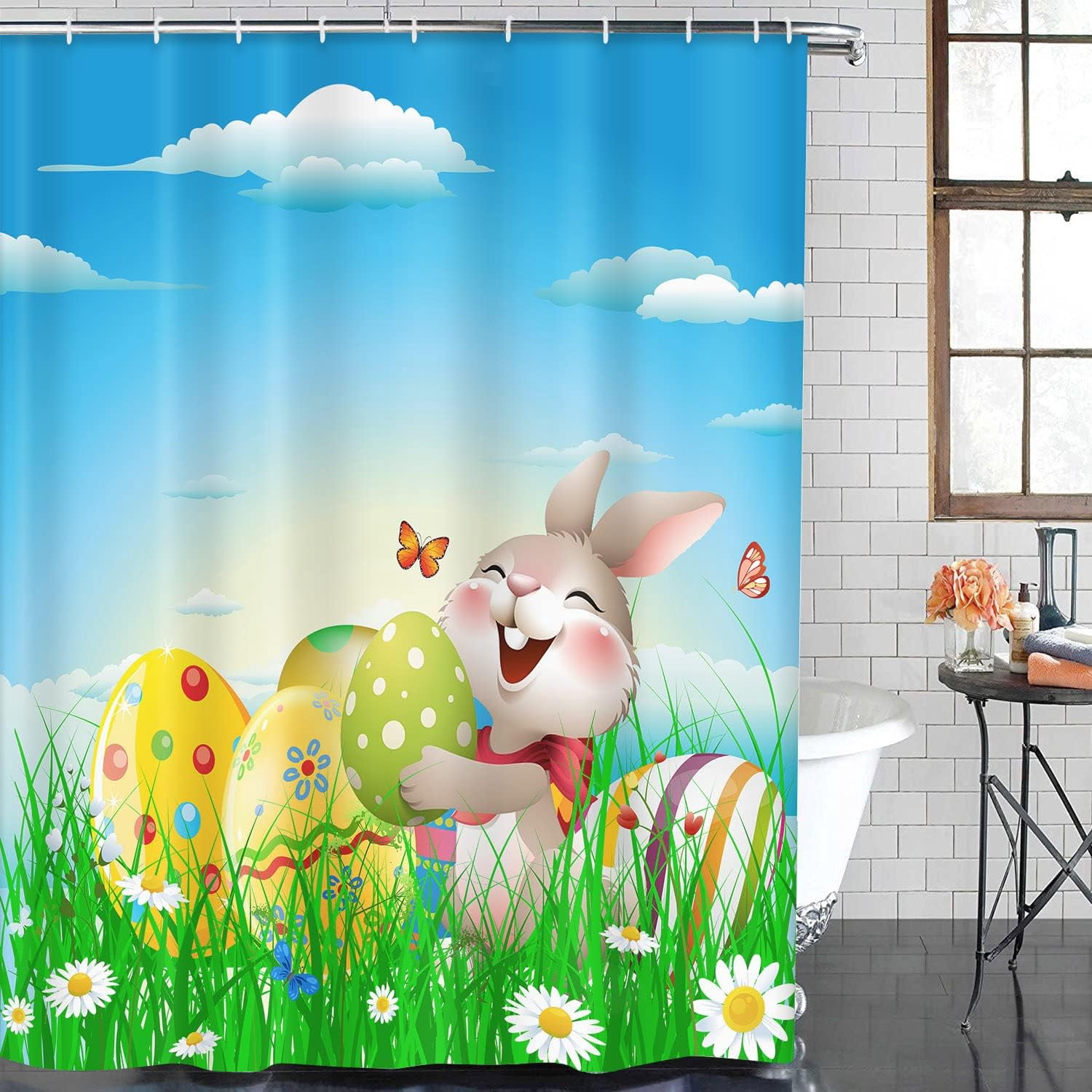 4 Pcs Shower Curtain Set Happy Easter Rabbit Bunny Pet Chocolate Cute with Non-Slip Rugs Toilet Lid Cover and Bath Mat Bathroom Decor Set 72 x 72 inch