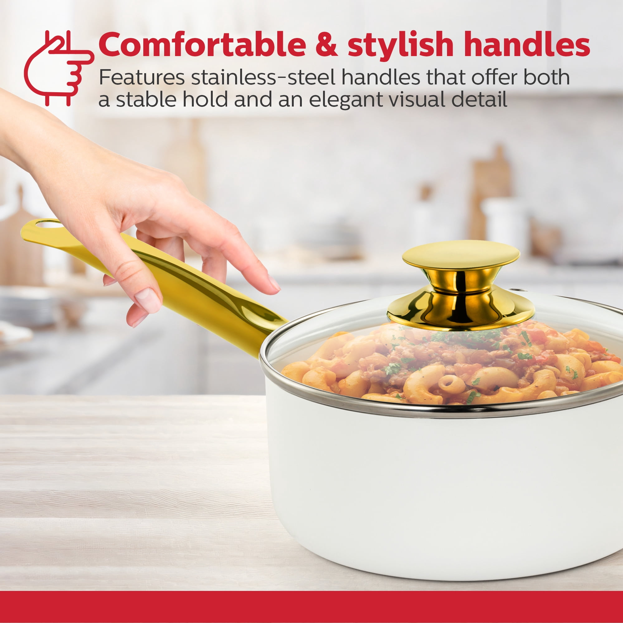 Holstein Housewares 2.5 Qt Nonstick Ceramic Saucepan with Gold Stainless Steel Handle, White and Gold