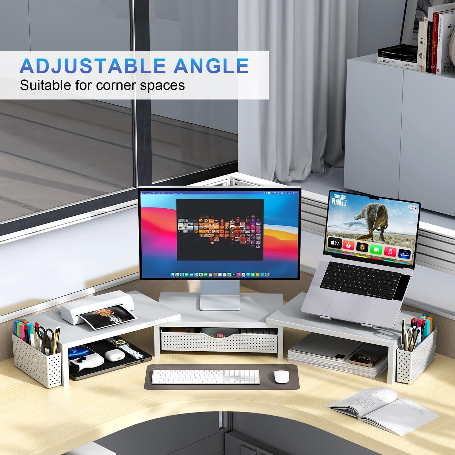 Dual Monitor Stand Riser with Drawer and Pen Holders, White Desk Organizer