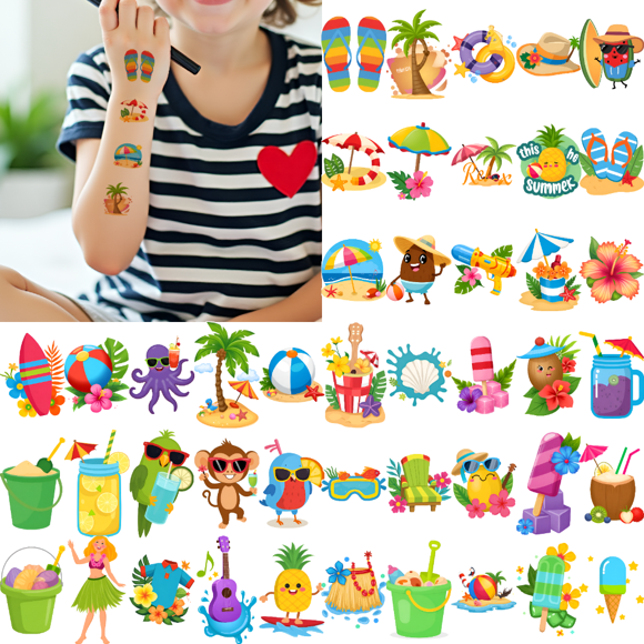 54 Temporary Tattoo Stickers, Waterproof Long Lasting Body Stickers Hawaiian Beach Coconut Tree Ice Cream Swim Ring Kids Boys Girls Tattoo Stickers Arm Arms Shoulder Cheeks