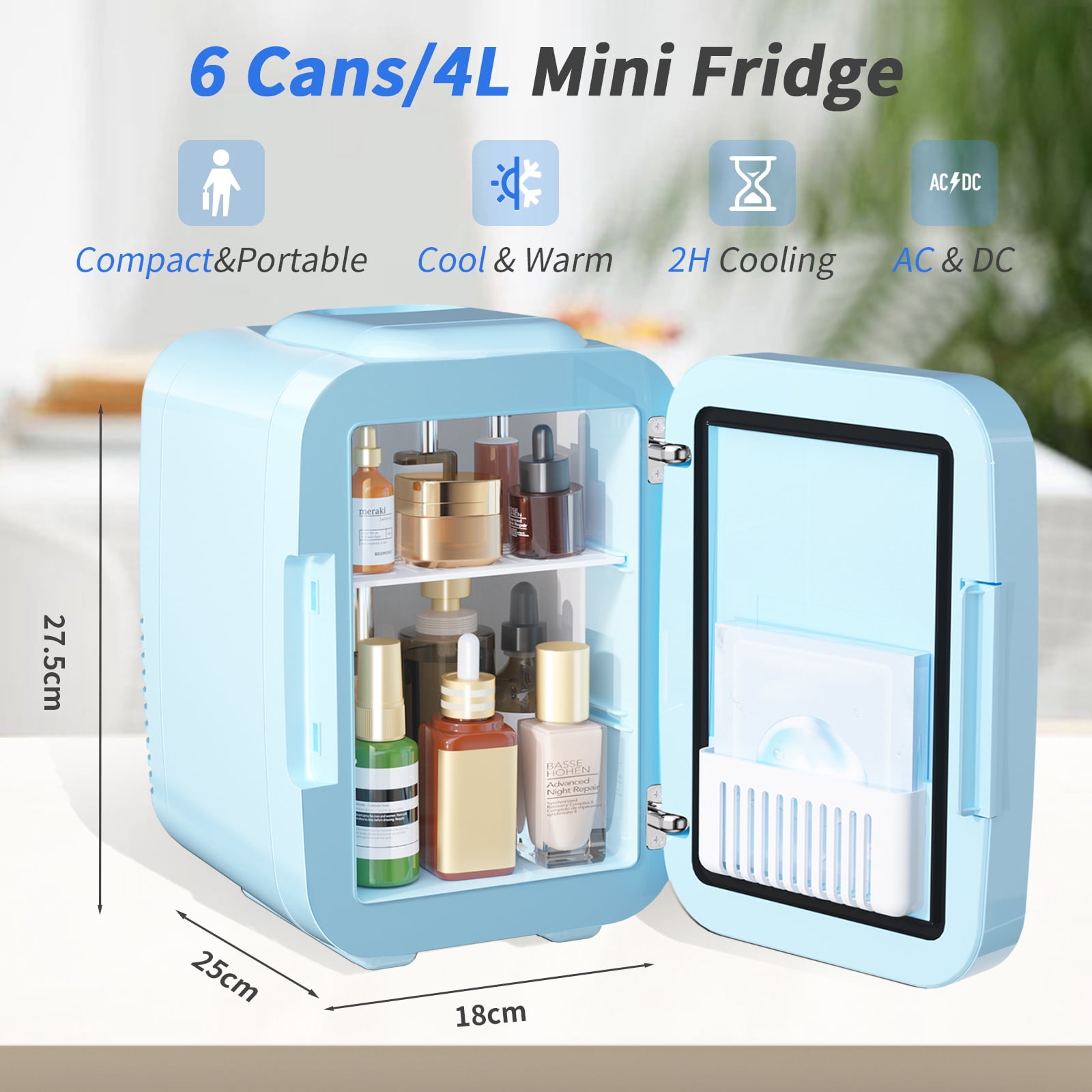 Skincare Fridge Mini Fridge for Bedroom with Dimmable LED Mirror, 4Liter/6 Cans Cooler and Warmer for Makeup, Cosmetic, Beauty, Portable Refrigerator for Bedroom, Vanity, Office and Car- Blue