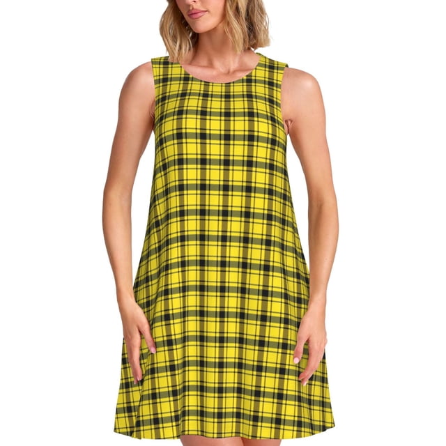 Fotbe Yellow Checkered Plaid Vestido de Verano sin Mangas para Mujer – Vestido Midi Línea A, Estilo Camiseta Floral, Vestido Playero Casual y Fluido
