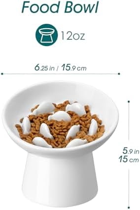 Ceramic Slow Feeder Cat Bowl, 6.25 Inch Elevated Cat Slow Feeder Bowl, Anti Vomiting for Dry and Wet Food, White