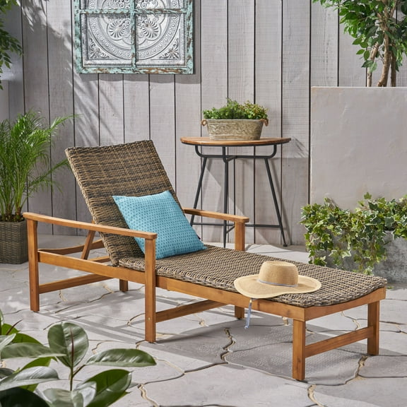 Camdyn Outdoor Rustic Acacia Wood Chaise Lounge with Wicker Seating, Natural and Mixed Mocha