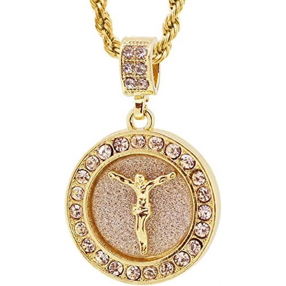 Gold Tone Round Jesus Christ Crucifix Pave Pendant with 24" Rope Chain #3107