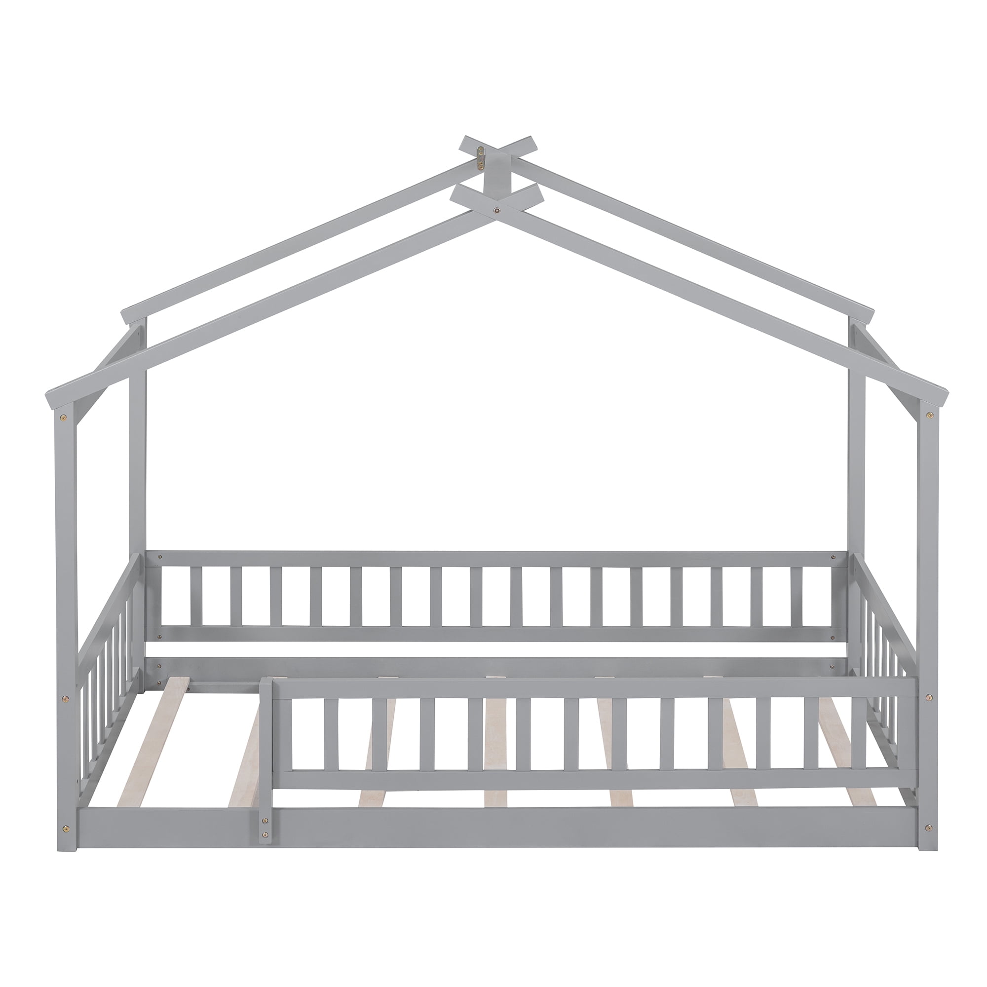 Harper & Bright Designs Twin Size Wood Floor Bed Frame, Twin House-Shaped Bed Daybed with Fence for Girls Boys, Gray