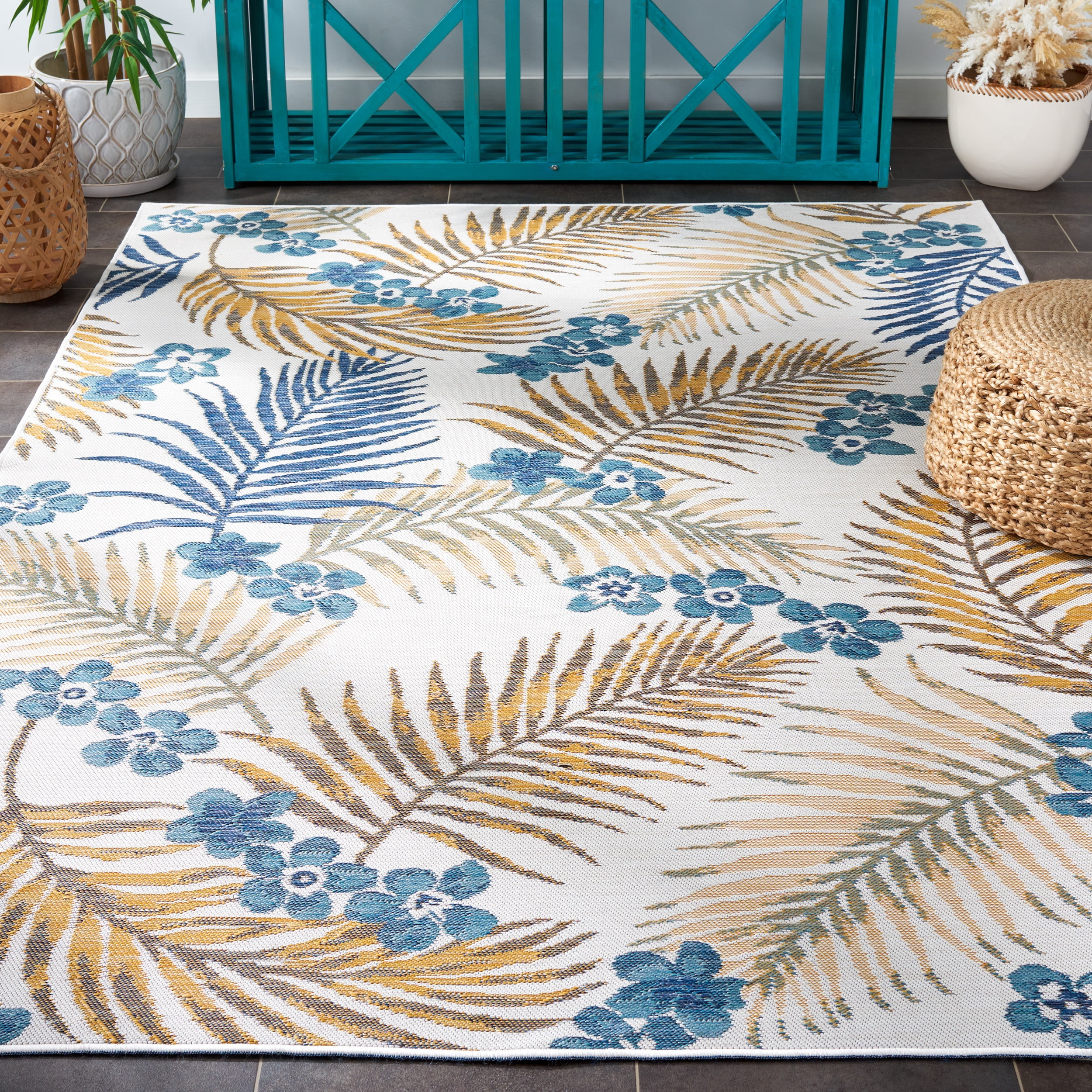SAFAVIEH Sunrise Jane Floral Reversible Indoor/Outdoor Area Rug, Ivory/Blue Gold, 4' x 5'7"