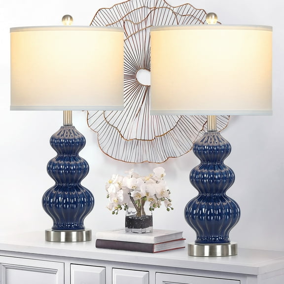 Cinkeda Triple Gourd Ceramic Table Lamps Set of 2 with USB A C Ports & AC Outlet, Modern Blue, 2-Step Rotary Switch, 25.5" Height