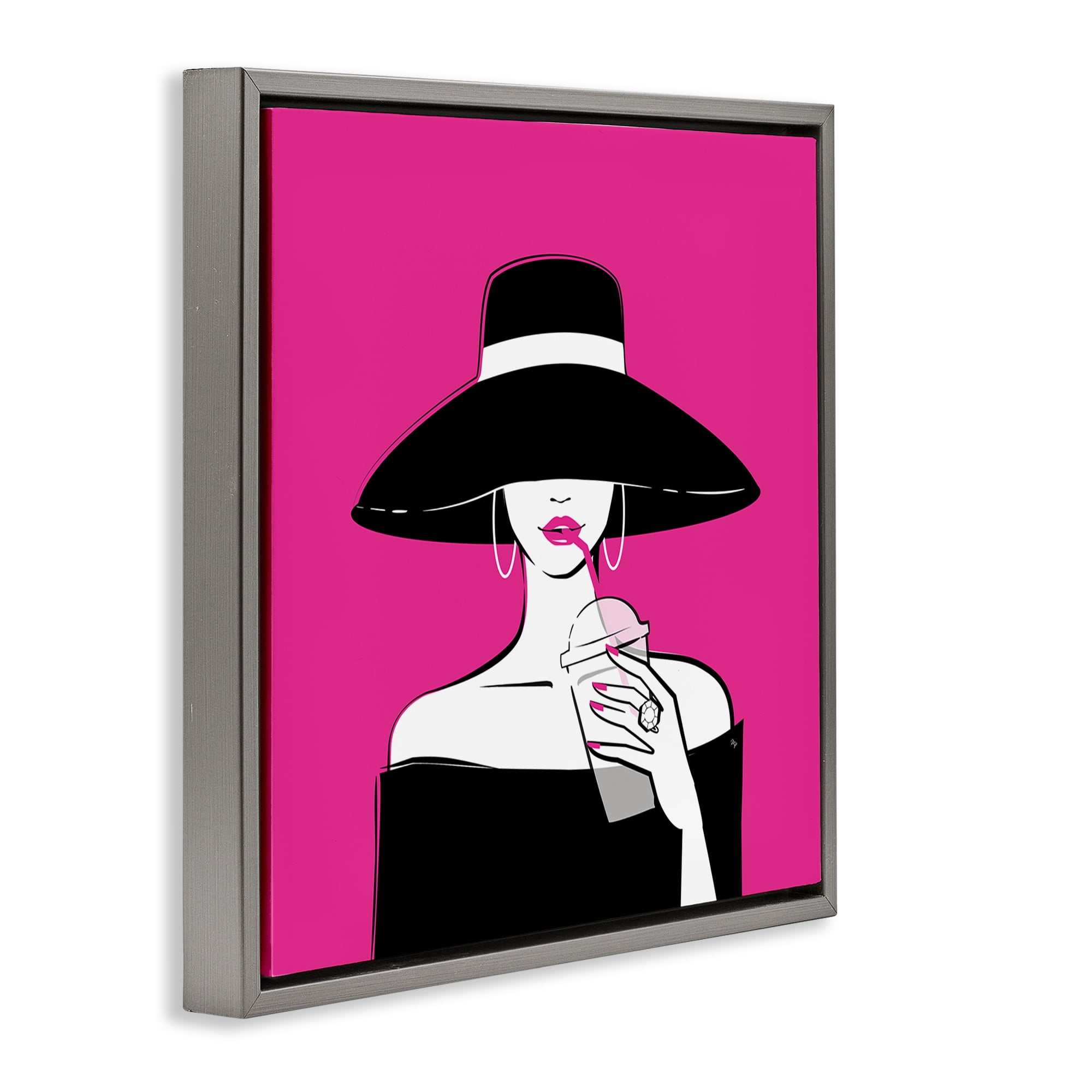 Stupell Industries Black Hat Glamourous Woman Gray Framed Floater Canvas Wall Art, design by Martina Pavlova
