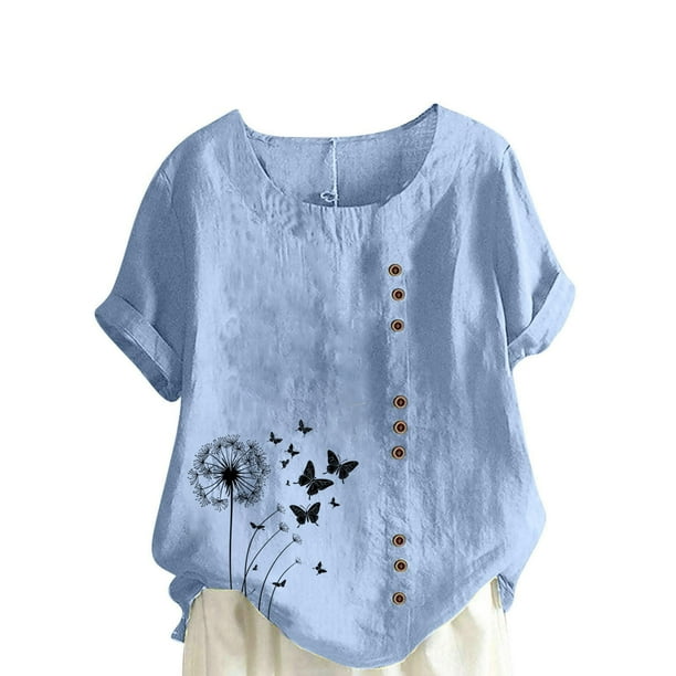 Vestidos Casuales Para Mujer, Blusas De Mujer De Moda Blusa informal de lino con cuello redondo, manga corta y botones para mujer