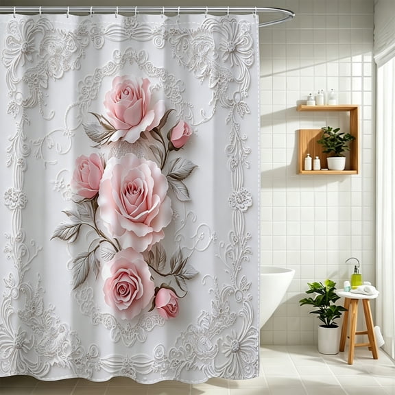 Romantic 3D Pink Lace Embossed Rose Shower Curtain, Winter Christmas Elegant Adult Bathroom Upgrade Decor