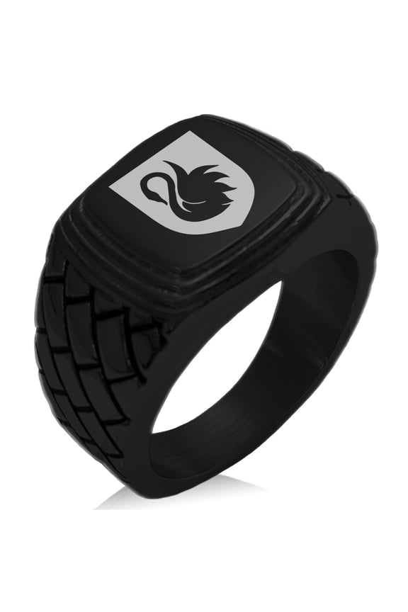 Stainless Steel Swan Harmony Coat of Arms Shield Geometric Pattern Step-Down Biker Style Polished Ring